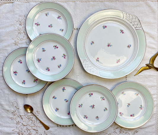 Petites assiettes + Plat porcelaine vintage blanche verte fleurie SALINS 66 de 1950s