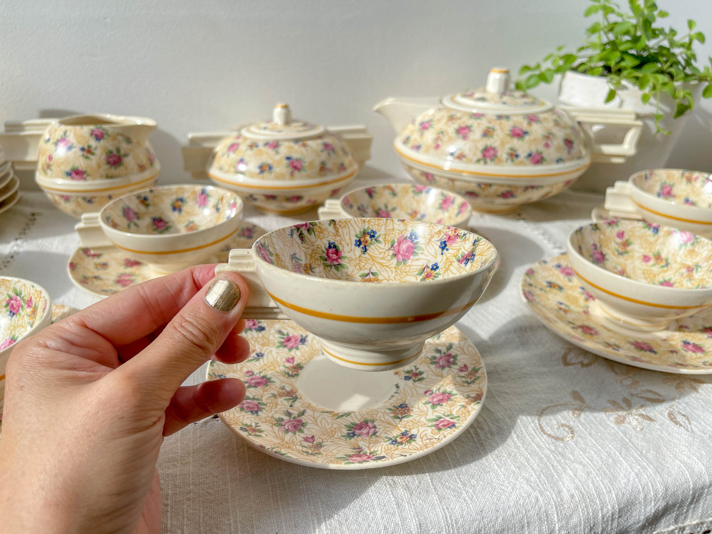 Robj Paris tea and coffee set, core in yellow floral porcelain – Vintage Art Deco style