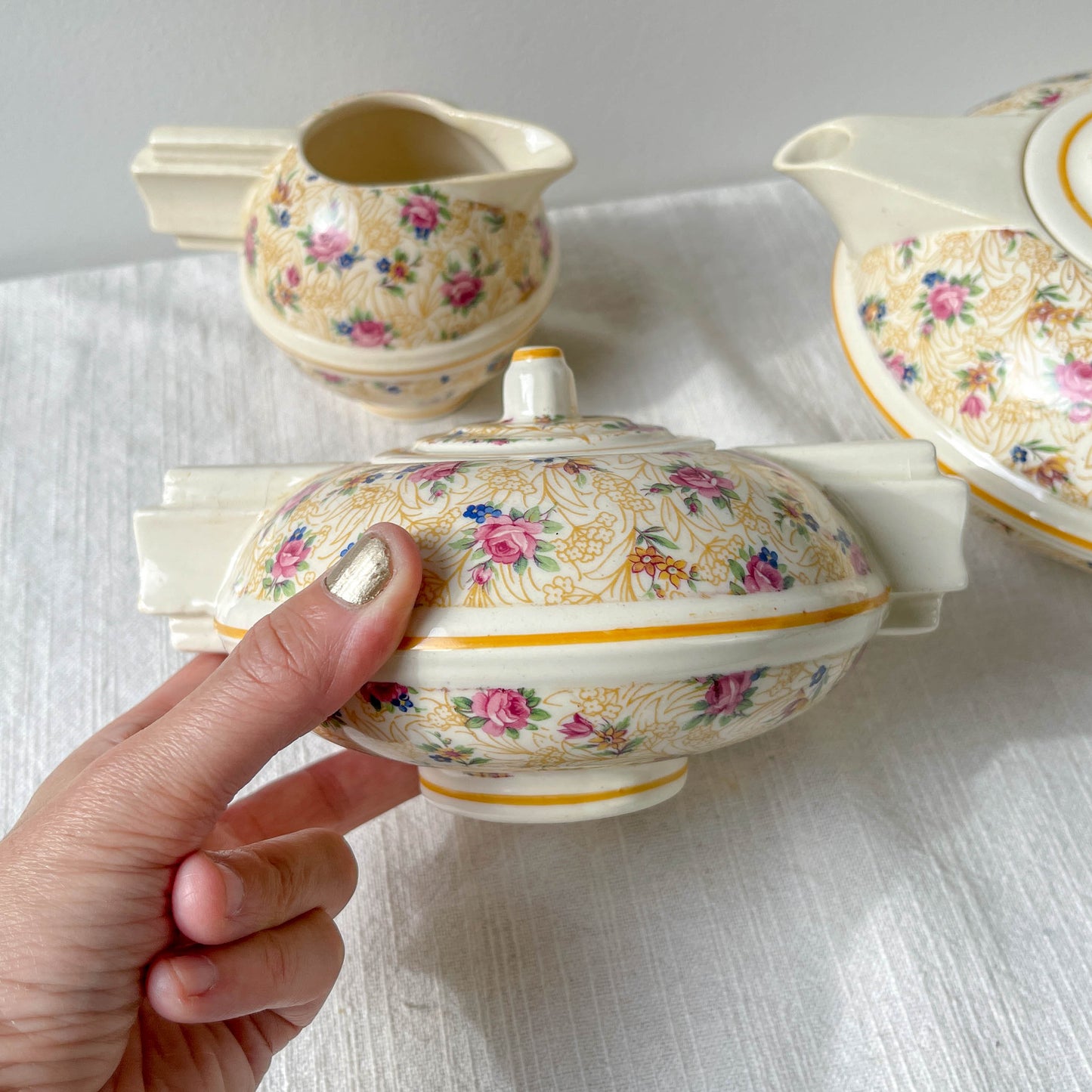 Robj Paris tea and coffee set, core in yellow floral porcelain – Vintage Art Deco style