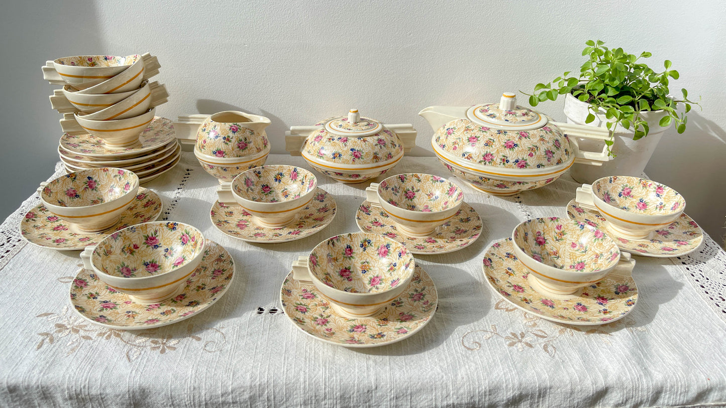 Service à thé café Robj Paris noyau en porcelaine jaune fleuri – Style Art déco vintage