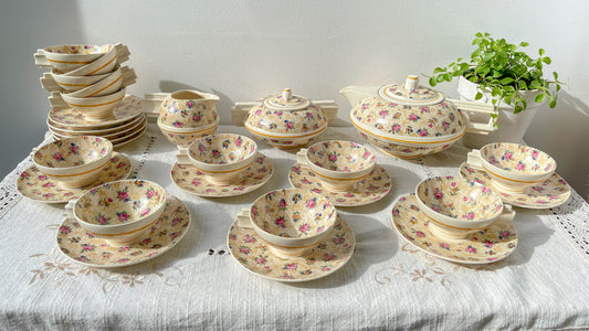 Service à thé café Robj Paris noyau en porcelaine jaune fleuri – Style Art déco vintage