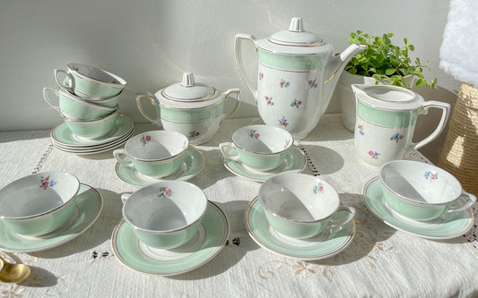 Service à thé/café vintage en porcelaine blanche verte fleurie SALINS made in France