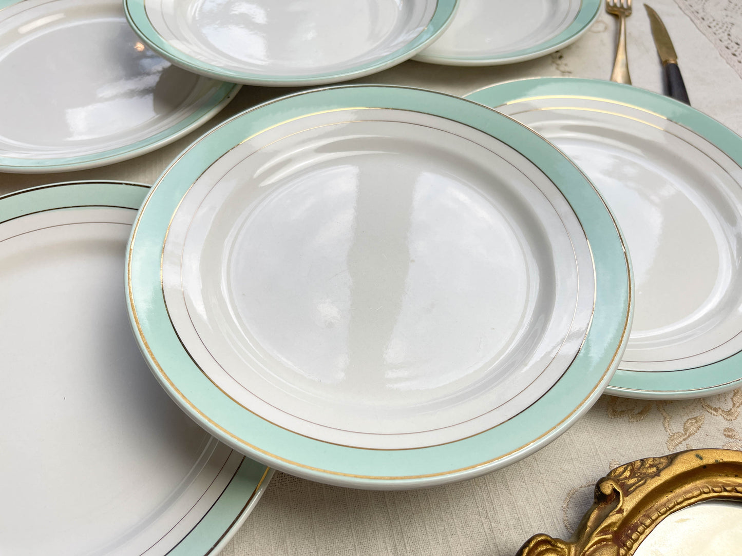 6 Assiettes plates porcelaine vintage blanches vertes LUNEVILLE modèle EPINAY 1950
