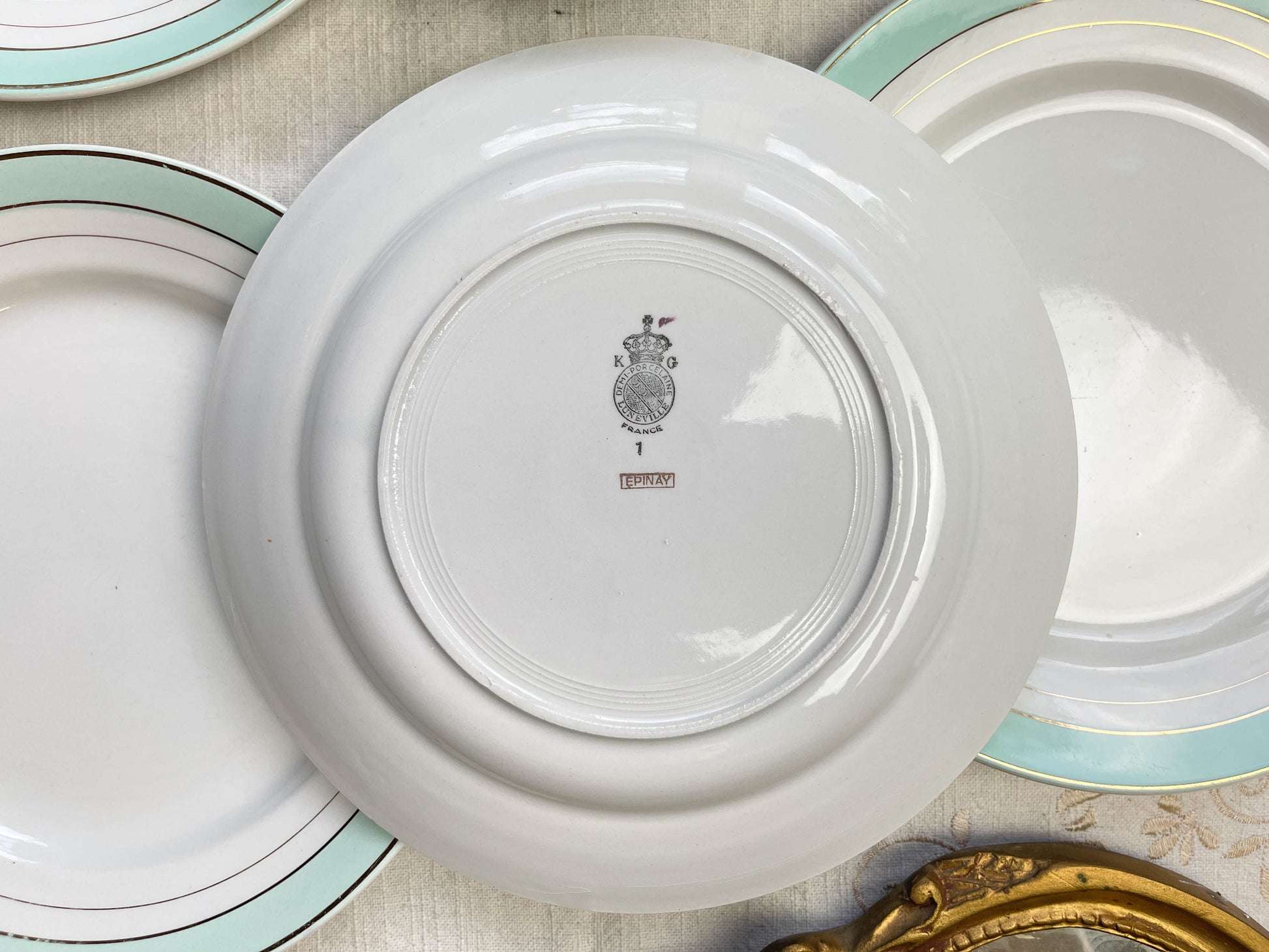 6 Assiettes plates porcelaine vintage blanches vertes LUNEVILLE modèle EPINAY 1950