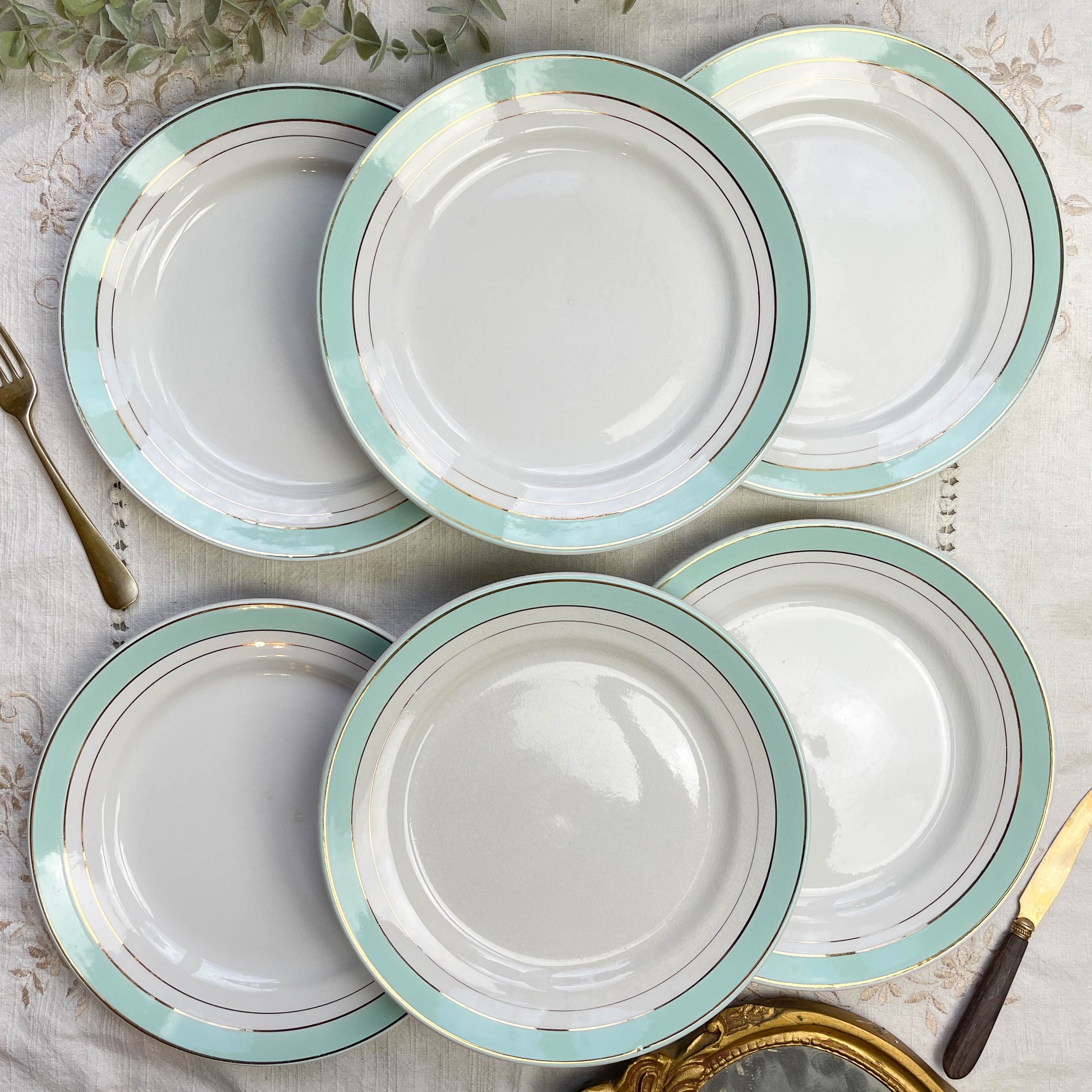 6 Assiettes plates porcelaine vintage blanches vertes LUNEVILLE modèle EPINAY 1950 - LOT B
