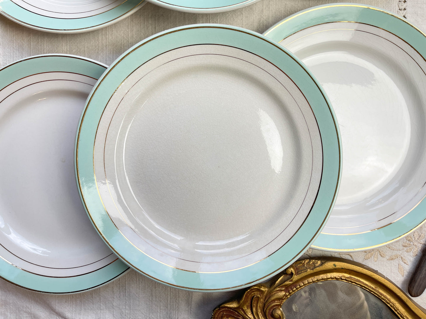 6 Assiettes plates porcelaine vintage blanches vertes LUNEVILLE modèle EPINAY 1950 - LOT B