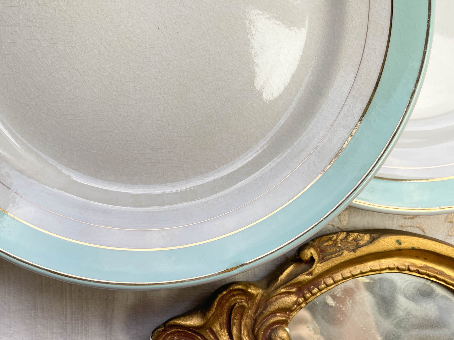 6 Assiettes plates porcelaine vintage blanches vertes LUNEVILLE modèle EPINAY 1950 - LOT B