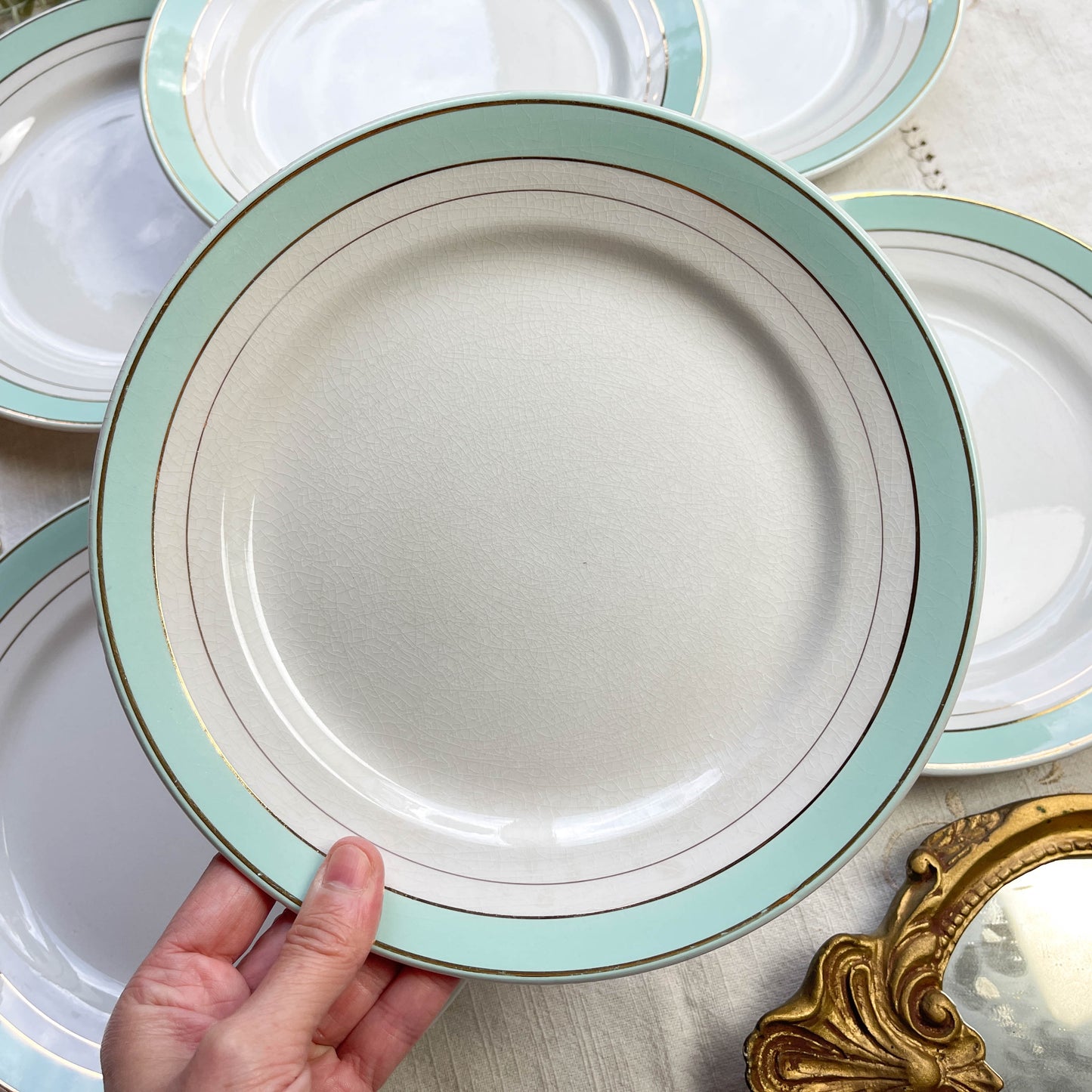 6 Assiettes plates porcelaine vintage blanches vertes LUNEVILLE modèle EPINAY 1950 - LOT B