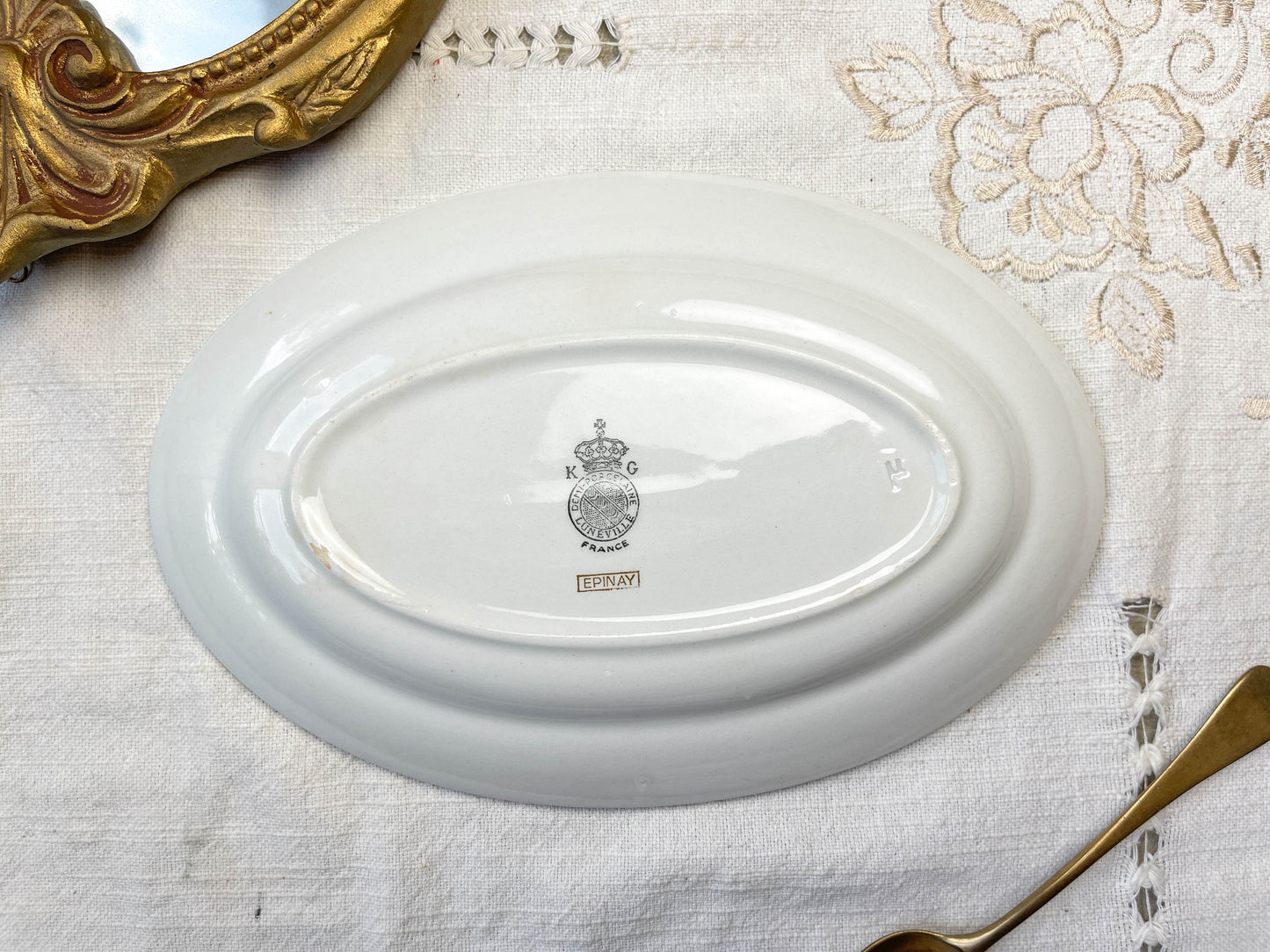 Ravier porcelaine vintage blanc vert LUNEVILLE modèle EPINAY 1950