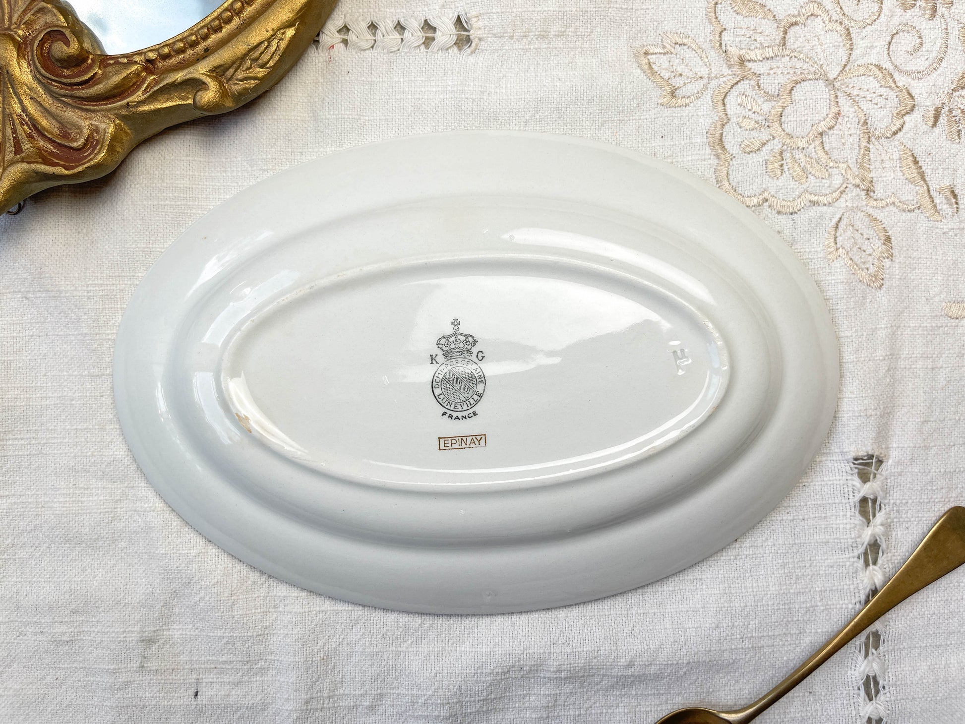 Ravier porcelaine vintage blanc vert LUNEVILLE modèle EPINAY 1950