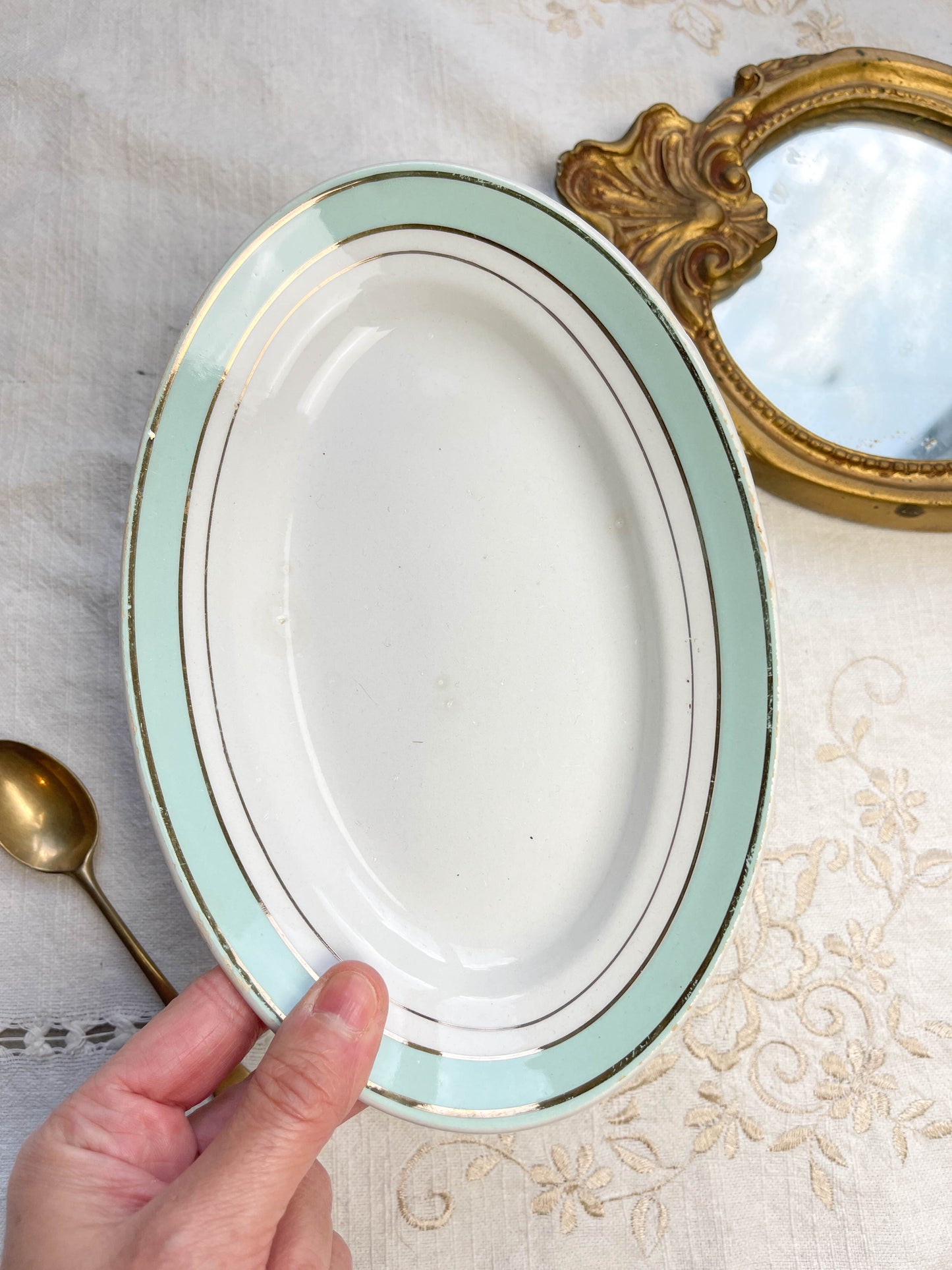 Ravier porcelaine vintage blanc vert LUNEVILLE modèle EPINAY 1950