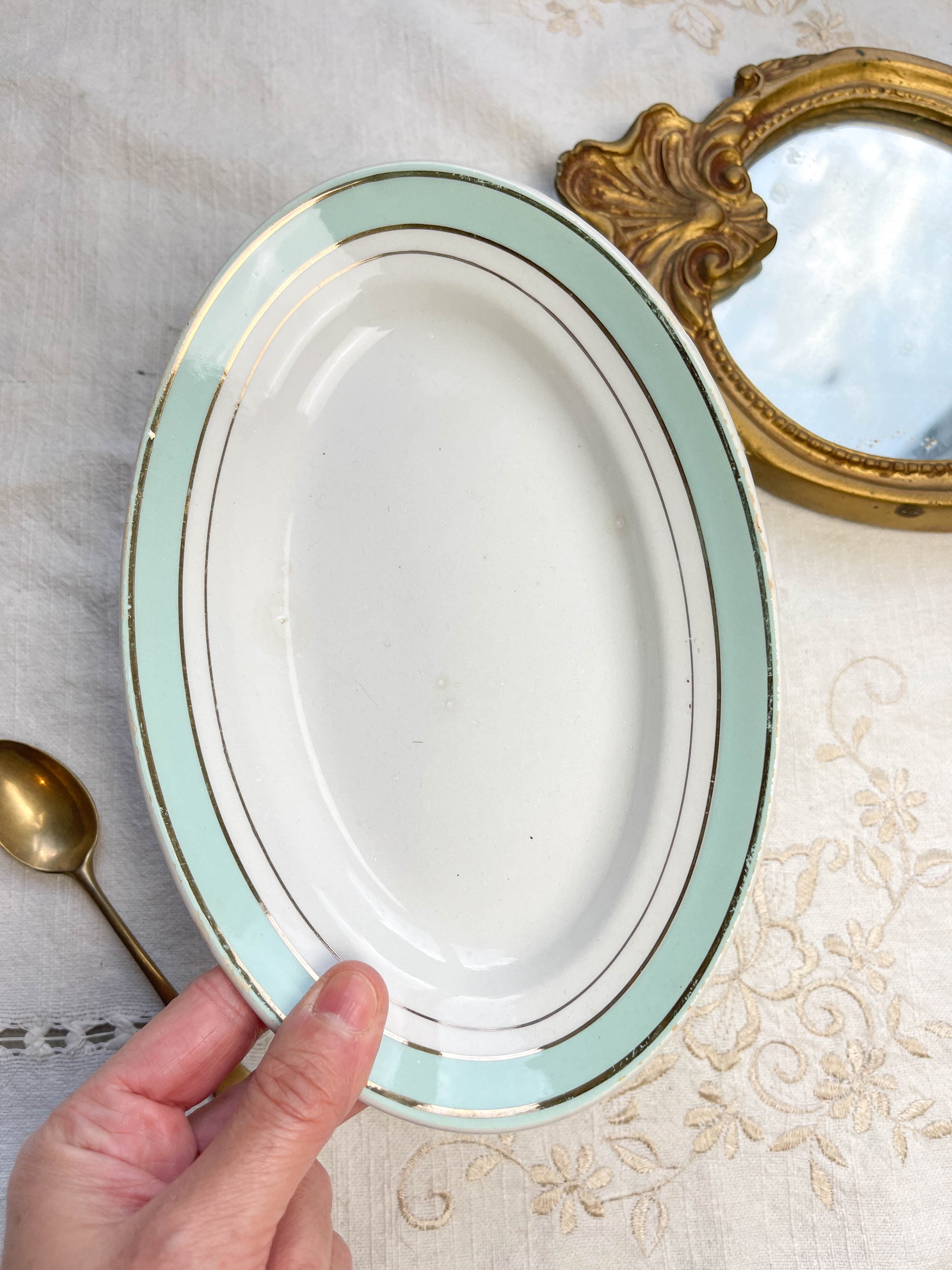 Ravier porcelaine vintage blanc vert LUNEVILLE modèle EPINAY 1950