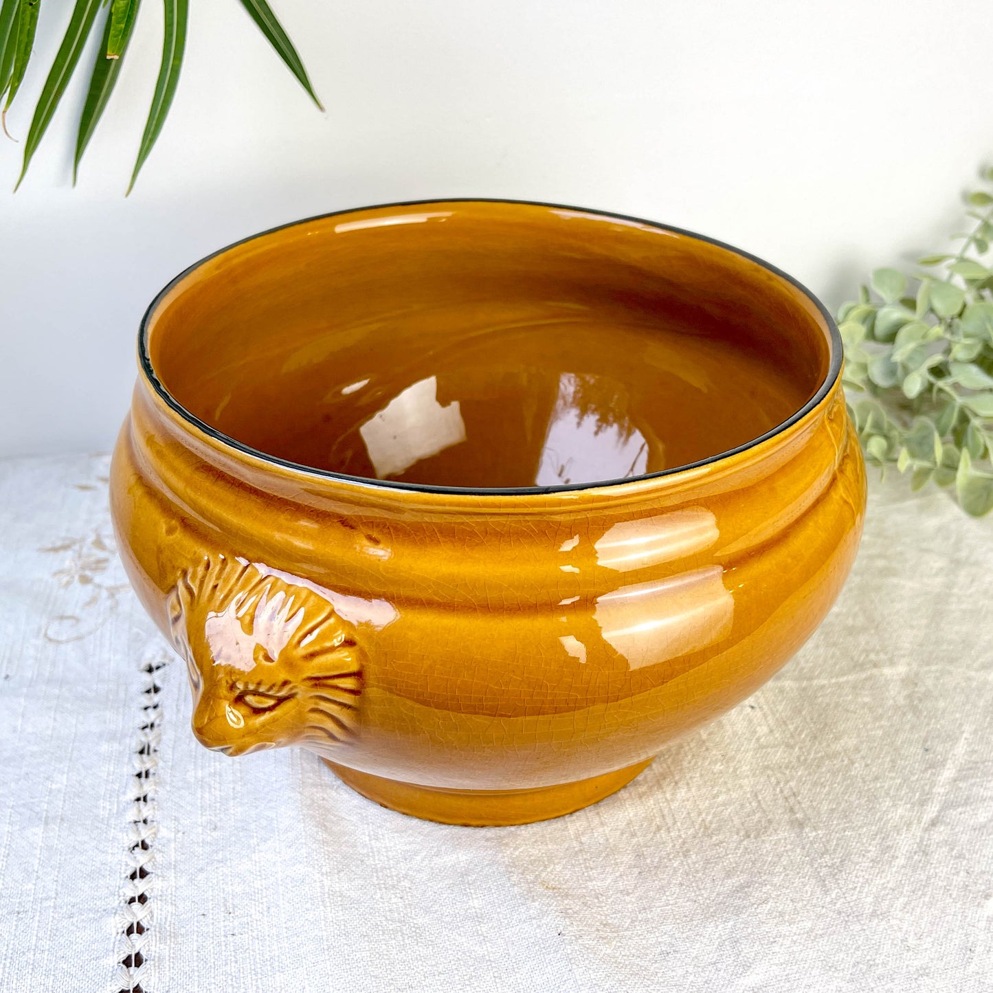 Soupière Tête de Lion en Céramique Vintage - Miel, Made in France
