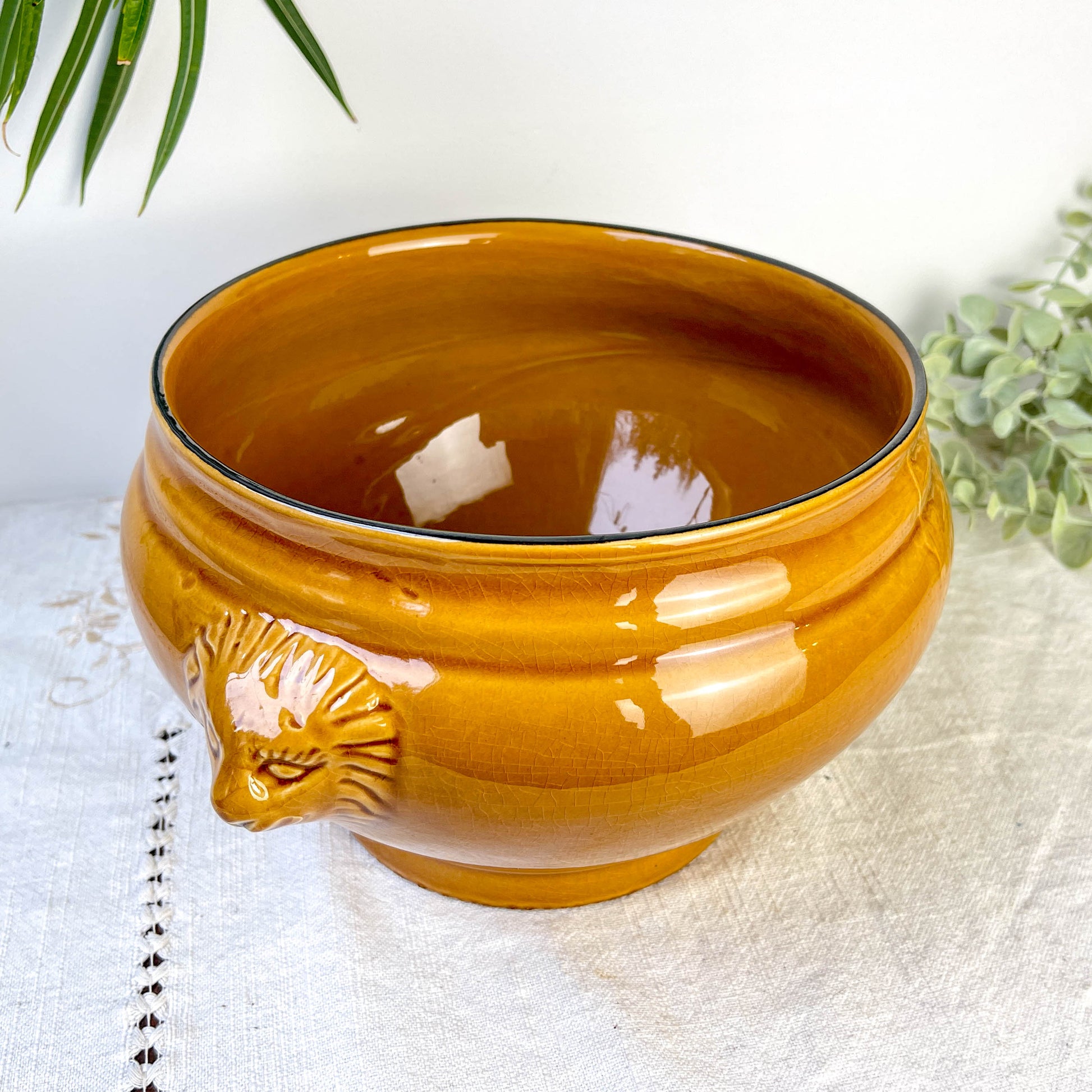 Soupière Tête de Lion en Céramique Vintage - Miel, Made in France