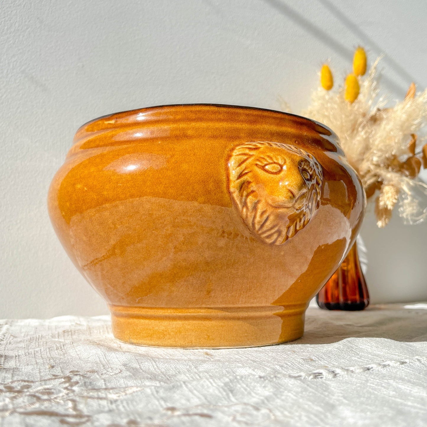 Soupière Tête de Lion en Céramique Vintage - Miel et noir, Made in France