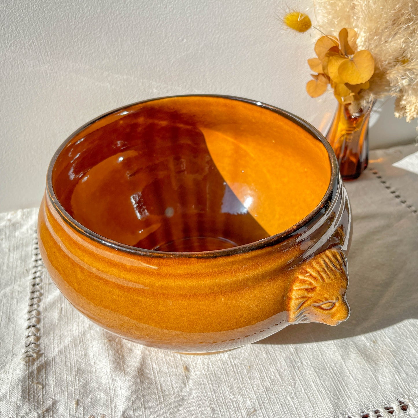 Soupière Tête de Lion en Céramique Vintage - Miel et noir, Made in France