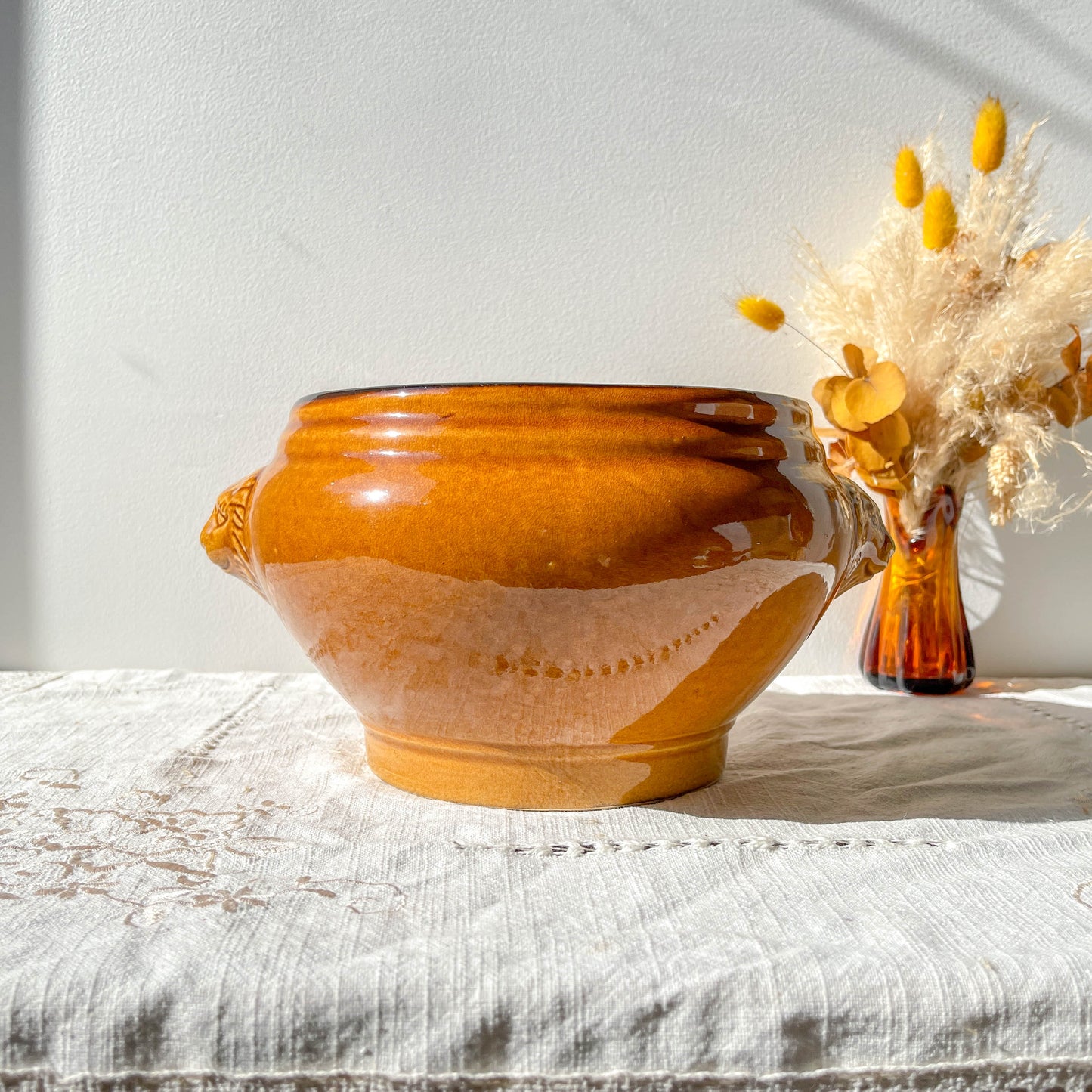 Soupière Tête de Lion en Céramique Vintage - Miel et noir, Made in France