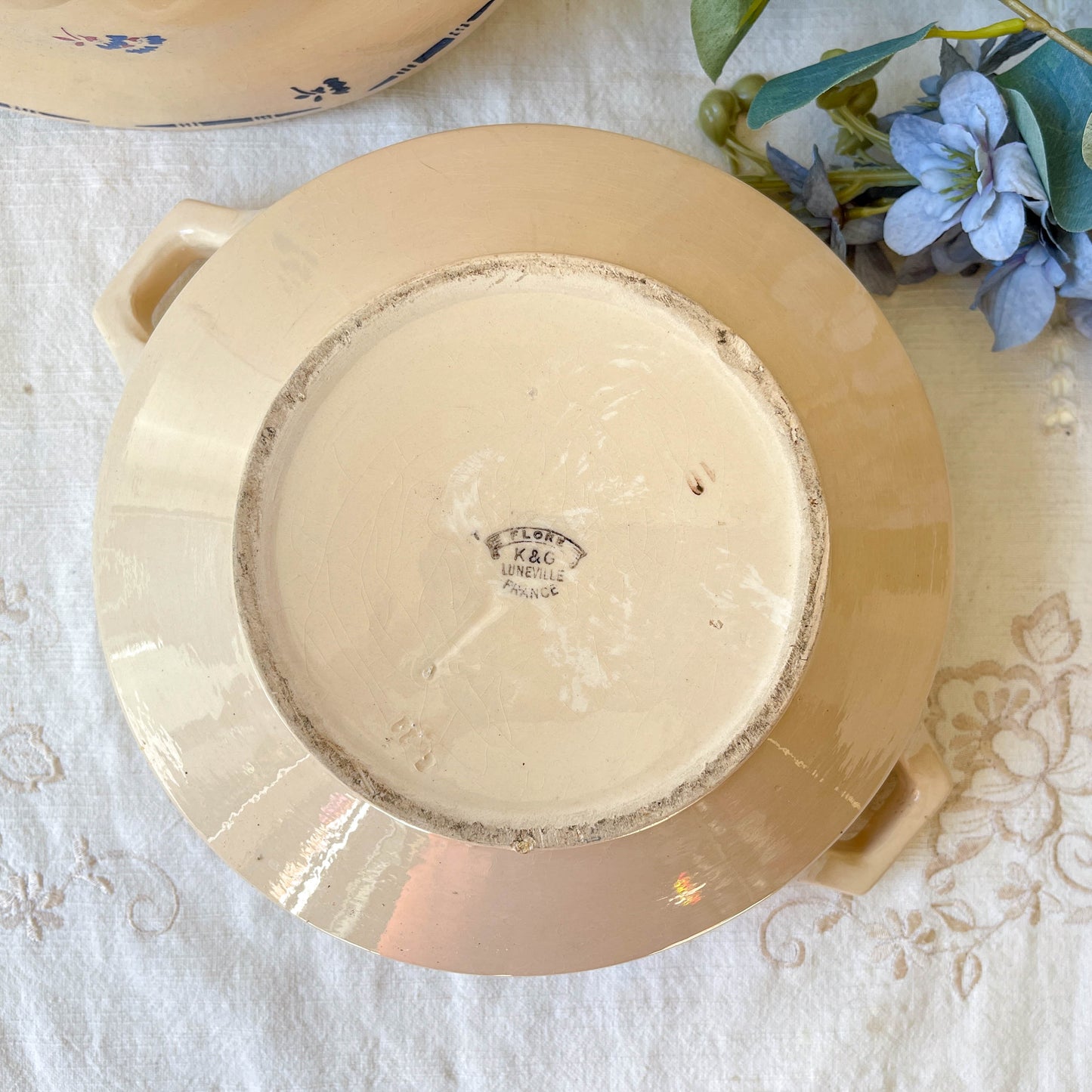 Soupière porcelaine vintage K&g Luneville "Flore" 1950s petites fleures bleues