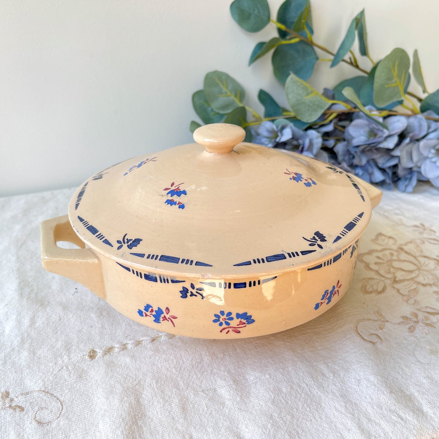 Petite soupière porcelaine vintage K&g Luneville "Flore" 1950s petites fleures bleues