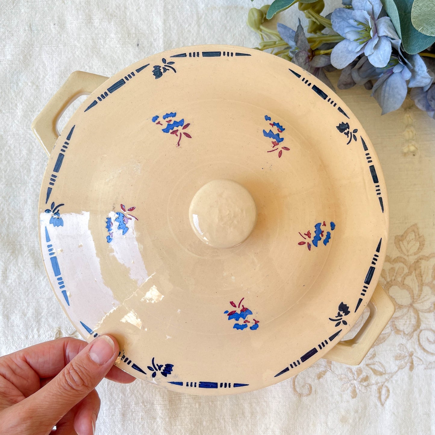 Petite soupière porcelaine vintage K&g Luneville "Flore" 1950s petites fleures bleues
