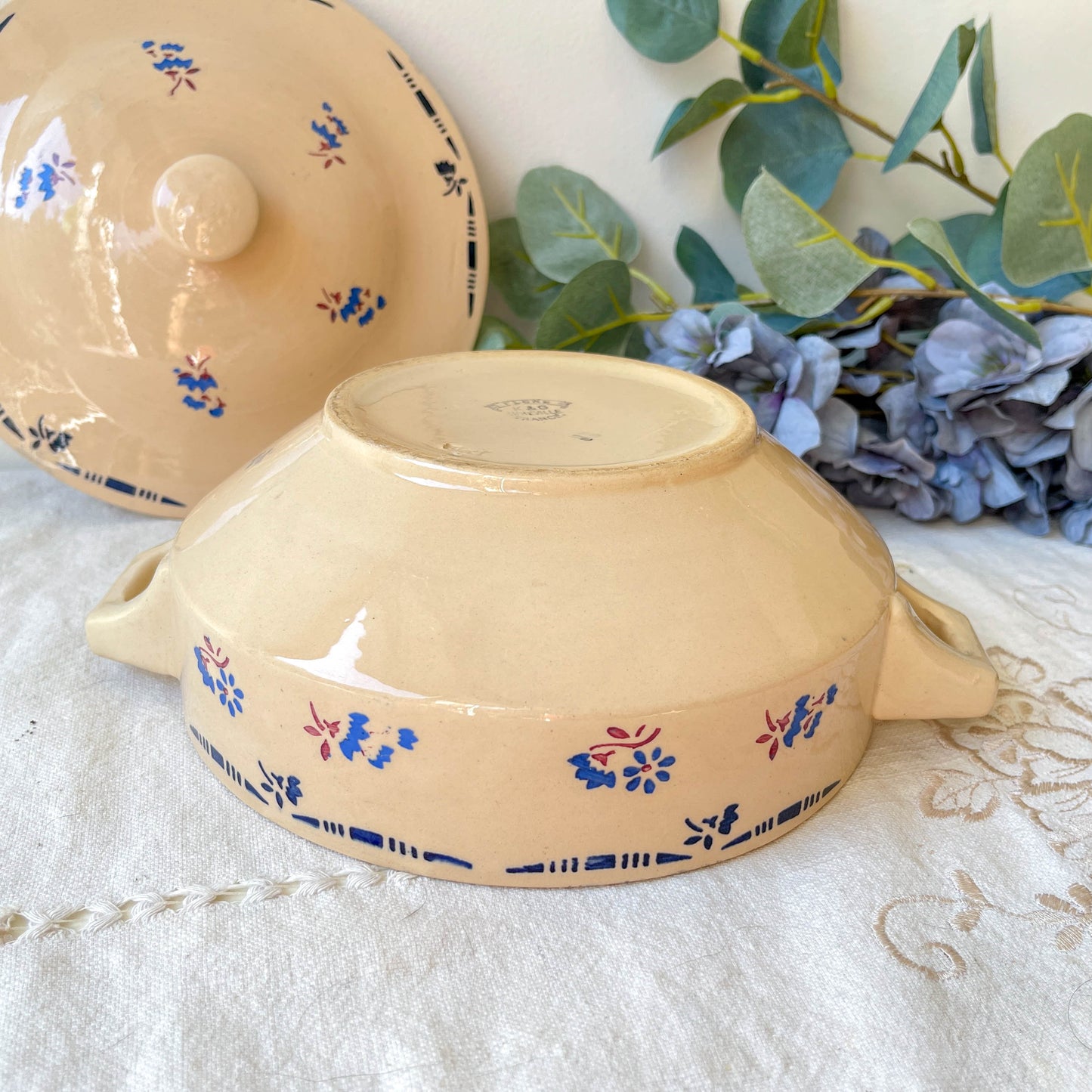 Petite soupière porcelaine vintage K&g Luneville "Flore" 1950s petites fleures bleues