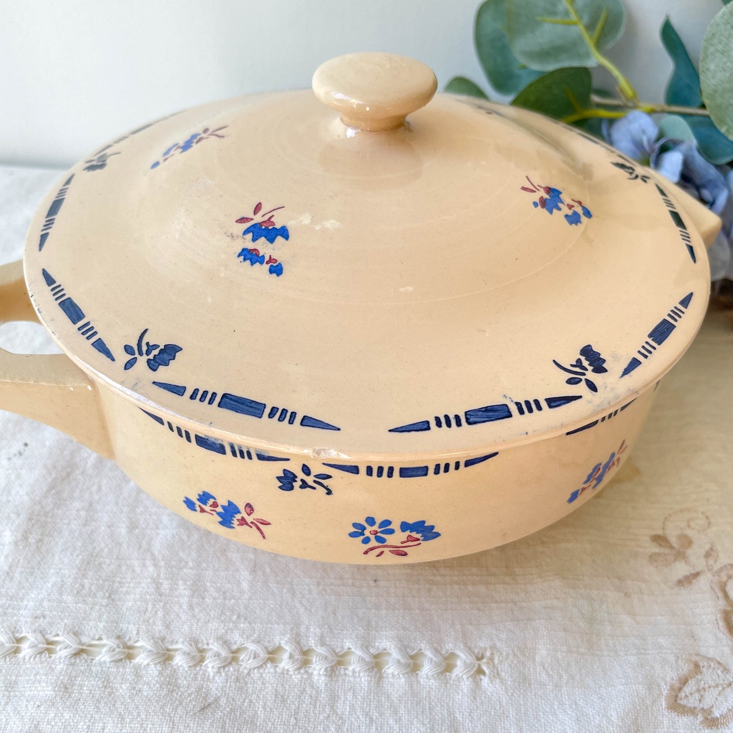 Petite soupière porcelaine vintage K&g Luneville "Flore" 1950s petites fleures bleues
