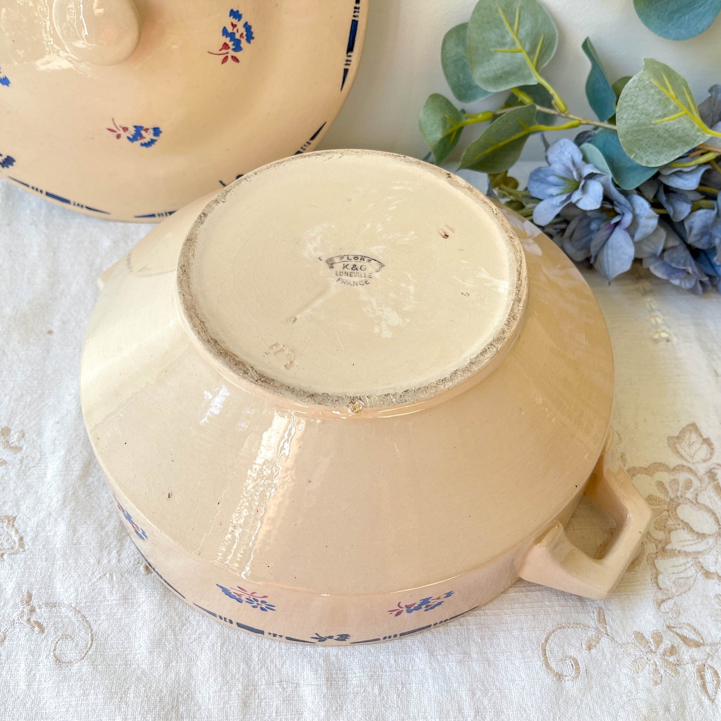 Soupière porcelaine vintage K&g Luneville "Flore" 1950s petites fleures bleues