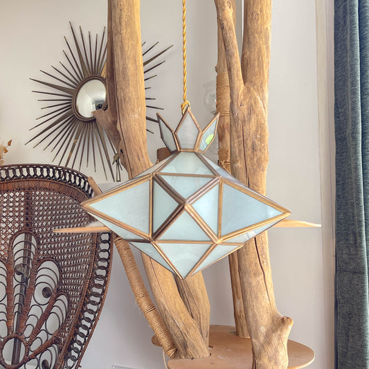 Suspension vintage en verre dépoli et laiton étoile