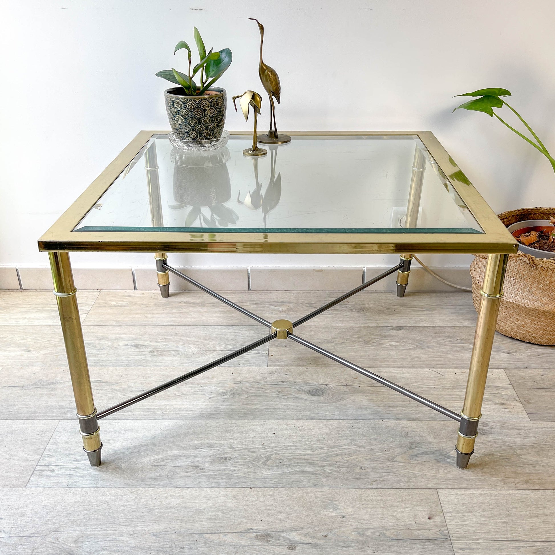 Table Basse Laiton et Verre biseauté carré vintage