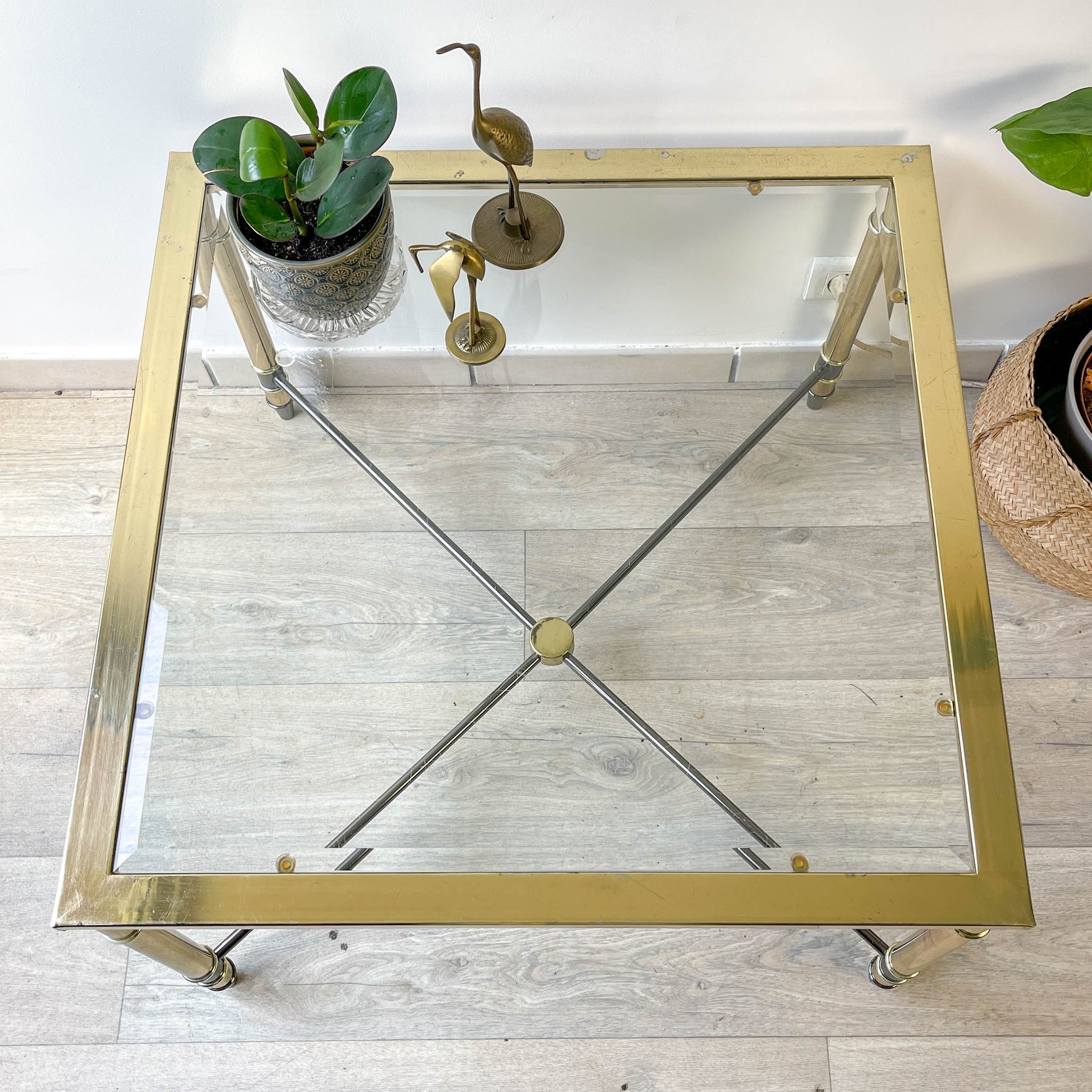 Table Basse Laiton et Verre biseauté carré vintage