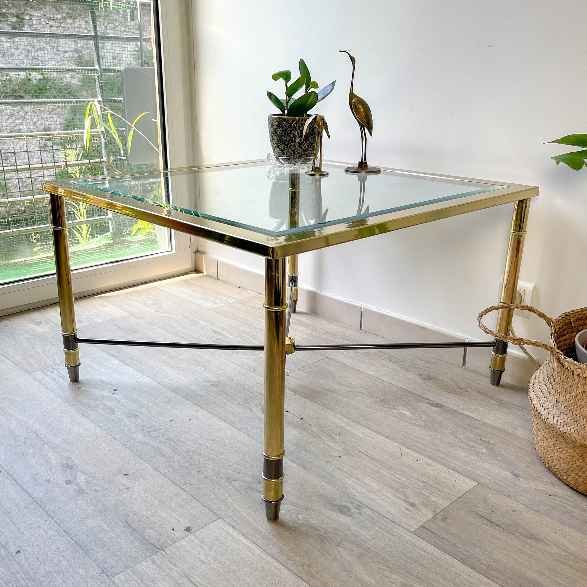 Table Basse Laiton et Verre biseauté carré vintage