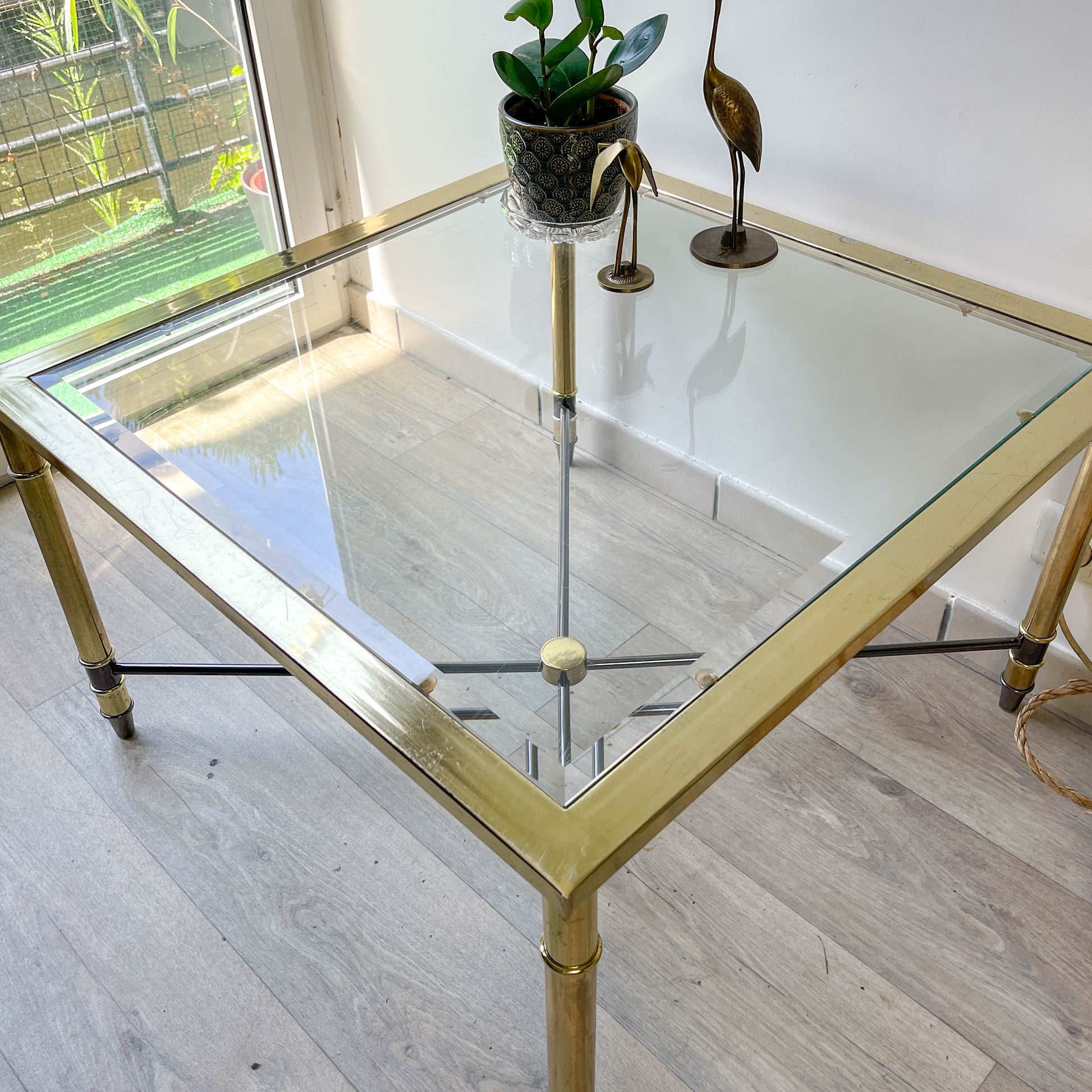 Table Basse Laiton et Verre biseauté carré vintage