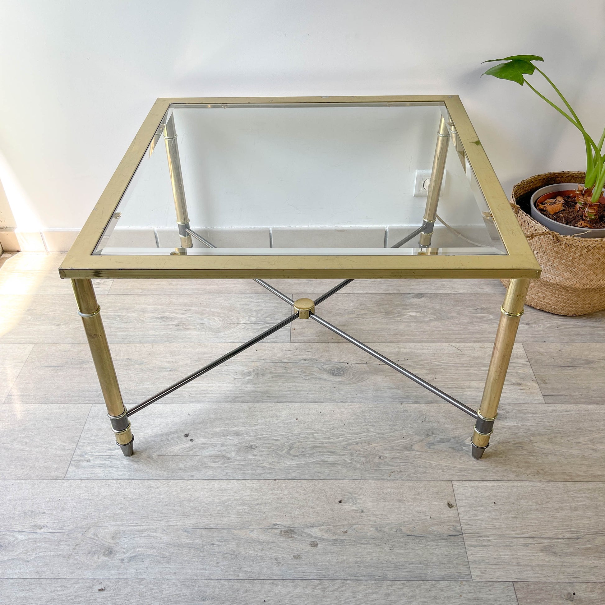 Table Basse Laiton et Verre biseauté carré vintage