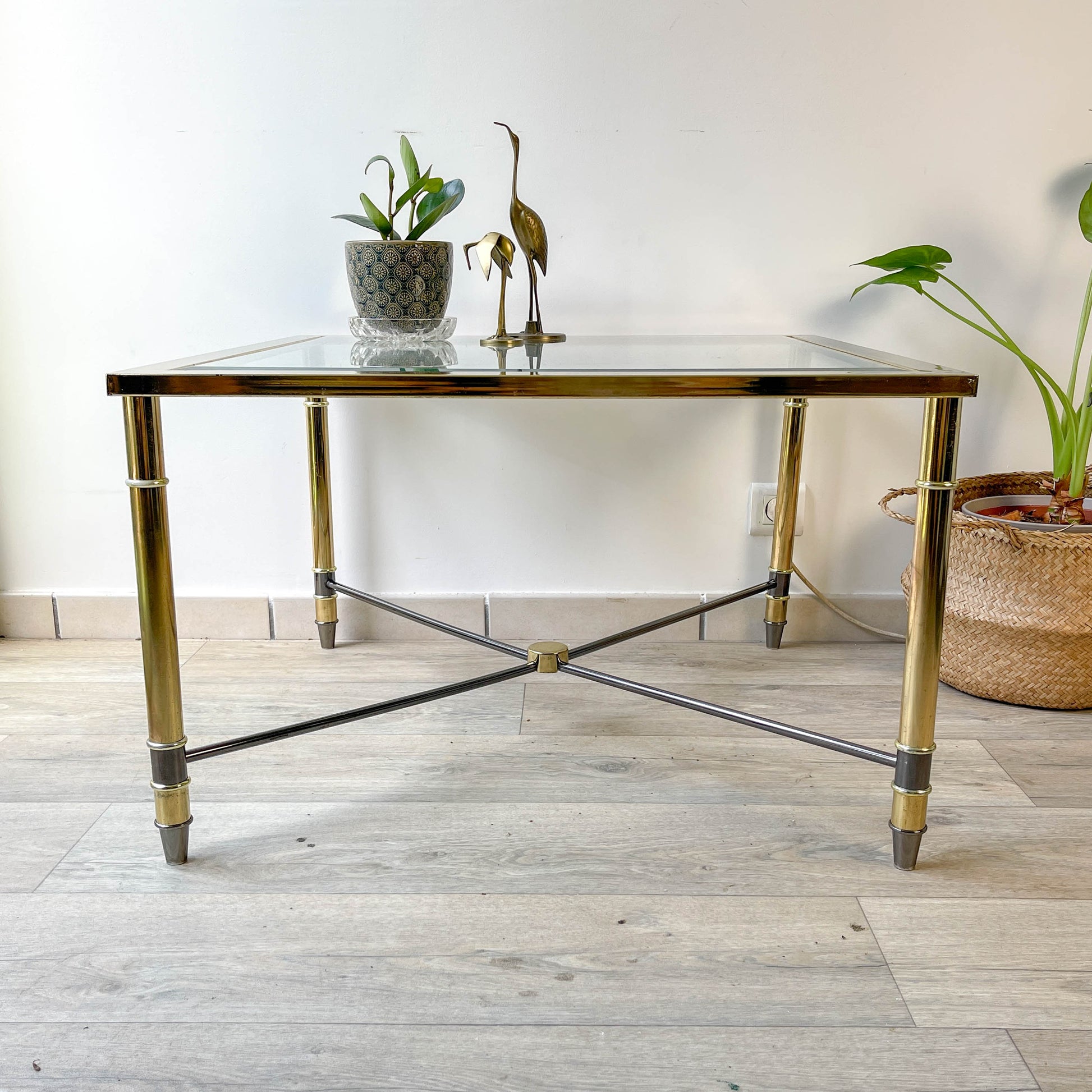 Table Basse Laiton et Verre biseauté carré vintage