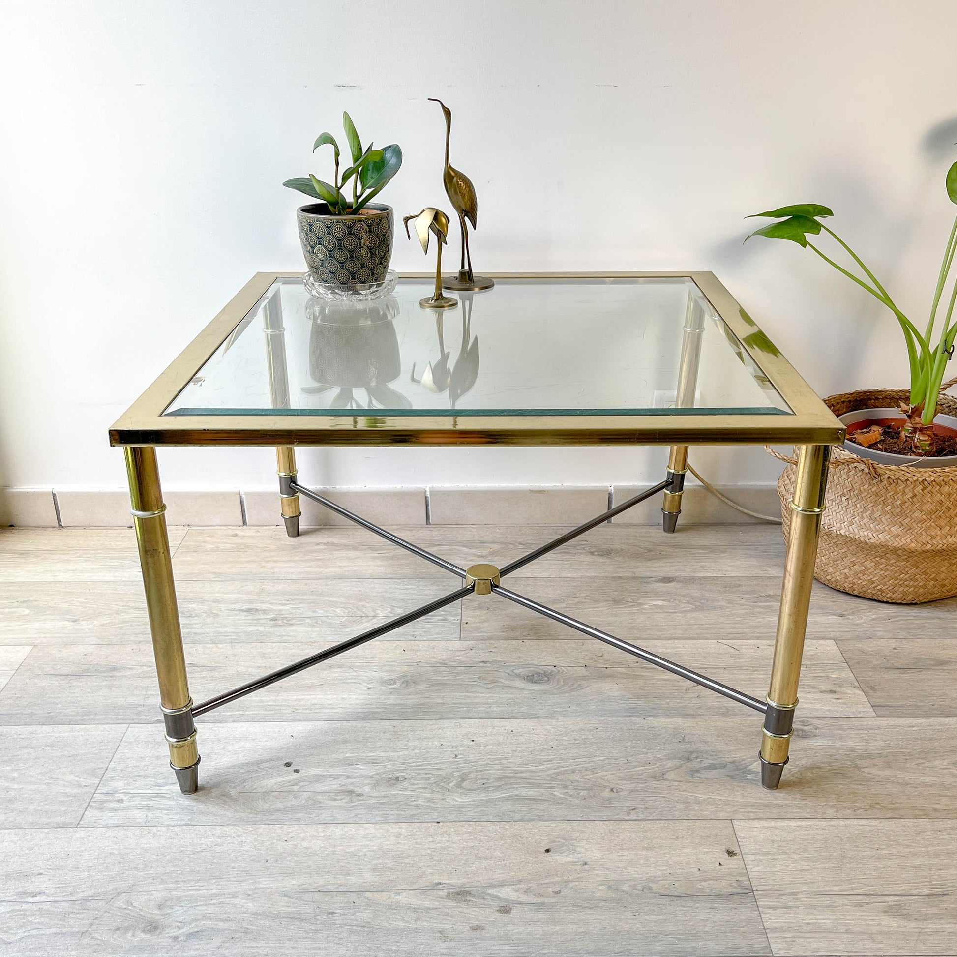 Table Basse Laiton et Verre biseauté carré vintage