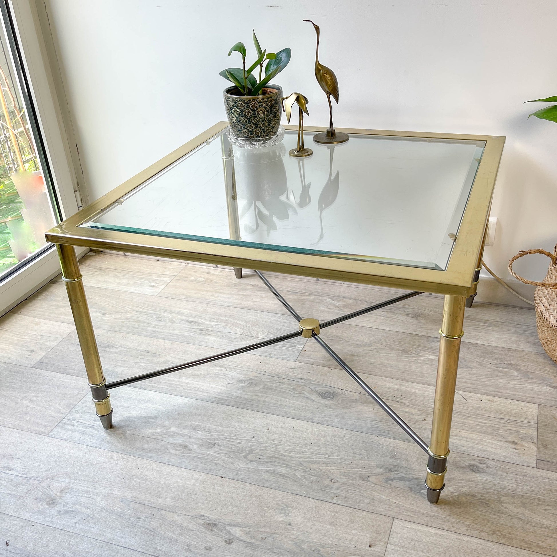 Table Basse Laiton et Verre biseauté carré vintage
