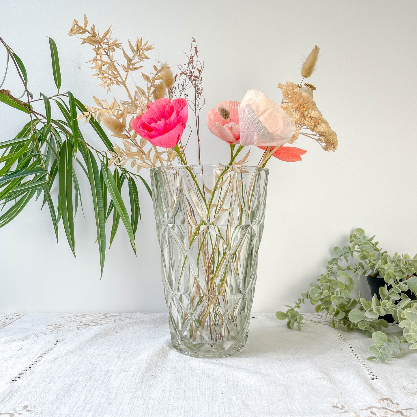Vase vintage en verre motif géométrique