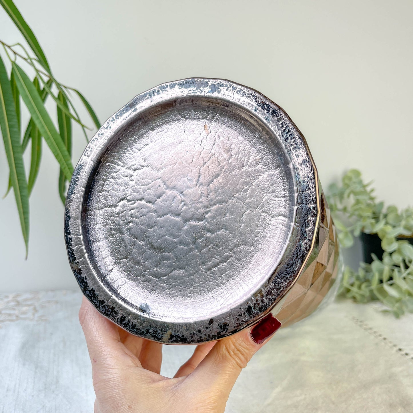 Vase vintage en verre motif géométrique dégradé or rose
