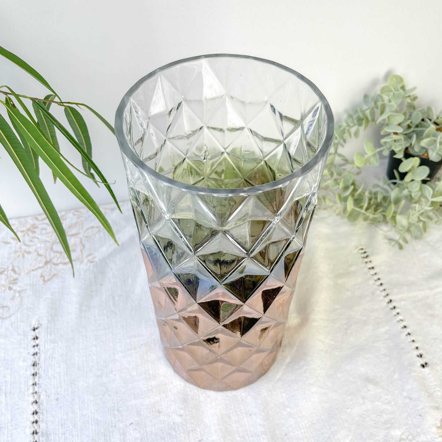 Vase vintage en verre motif géométrique dégradé or rose