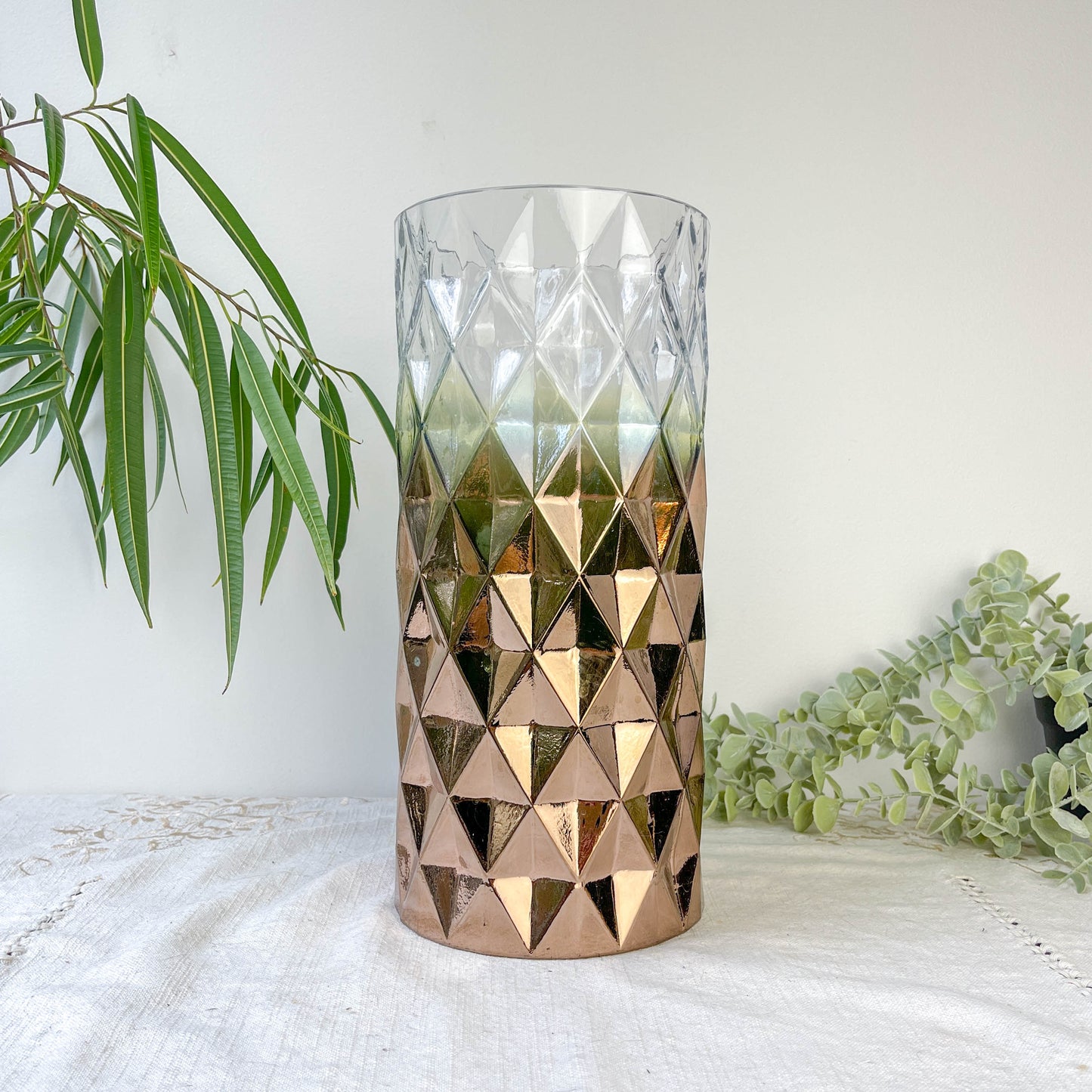 Vase vintage en verre motif géométrique dégradé or rose