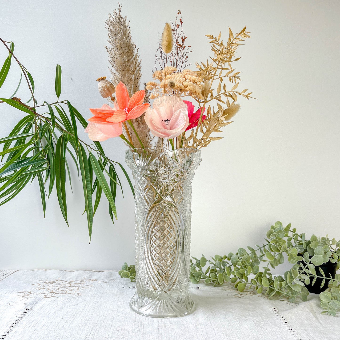 Vase vintage en verre motif géométrique