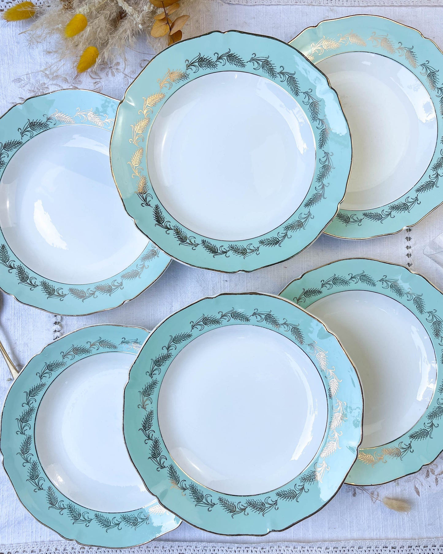 6 St Amand Céranord PICARDIE model deep plates in white, green and gold earthenware