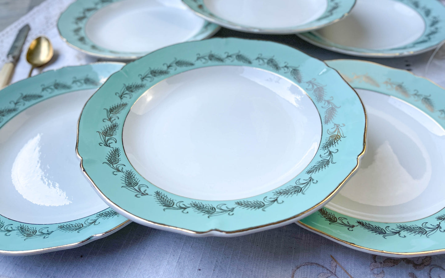 6 St Amand Céranord PICARDIE model deep plates in white, green and gold earthenware