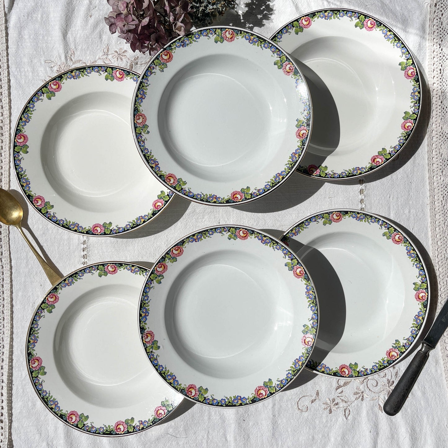 6 DIGOIN opaque porcelain soup plates with floral pattern "3984"