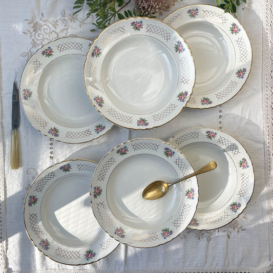6 MOULIN DES LOUPS flowered earthenware soup plates, Cordoue model