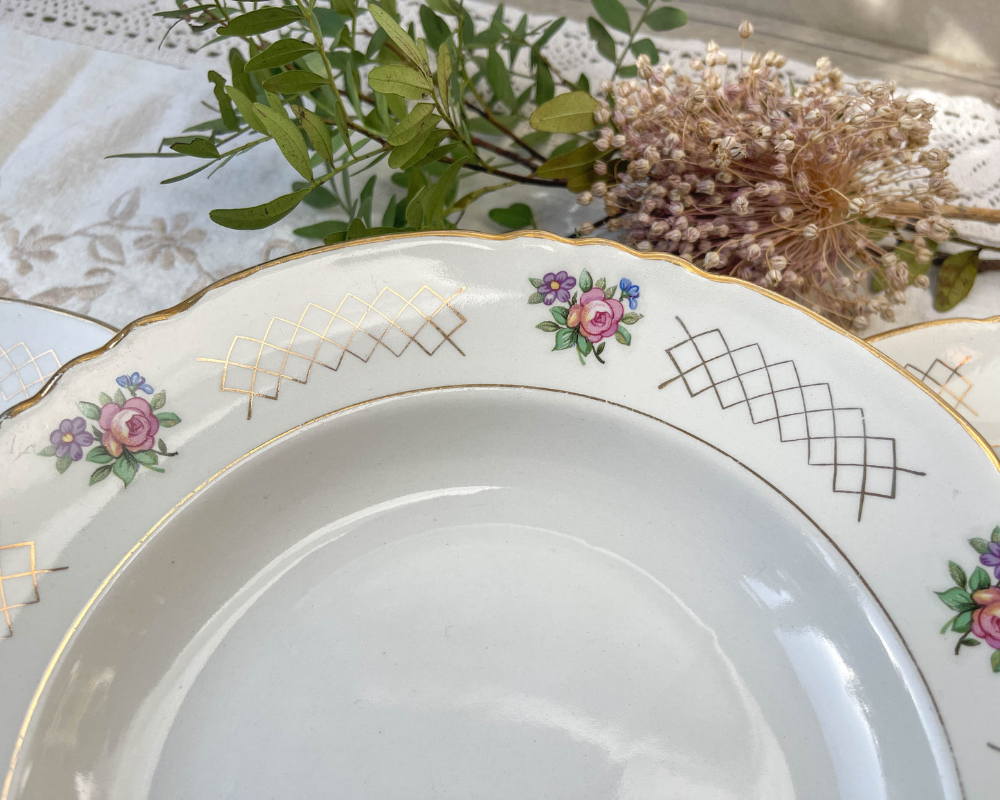 6 MOULIN DES LOUPS flowered earthenware soup plates, Cordoue model