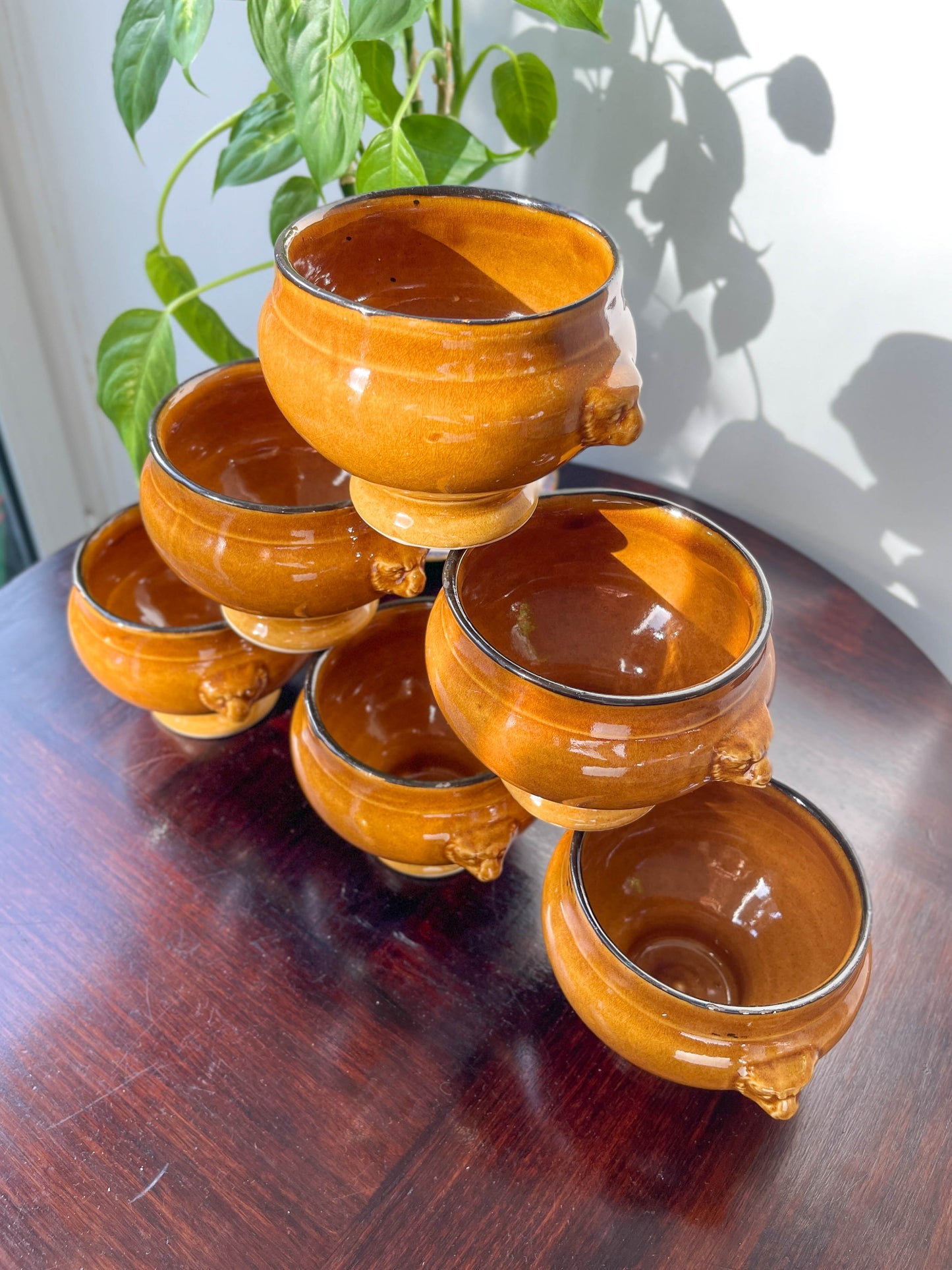 6 Ochre Glazed Stoneware Onion Soup Bowls