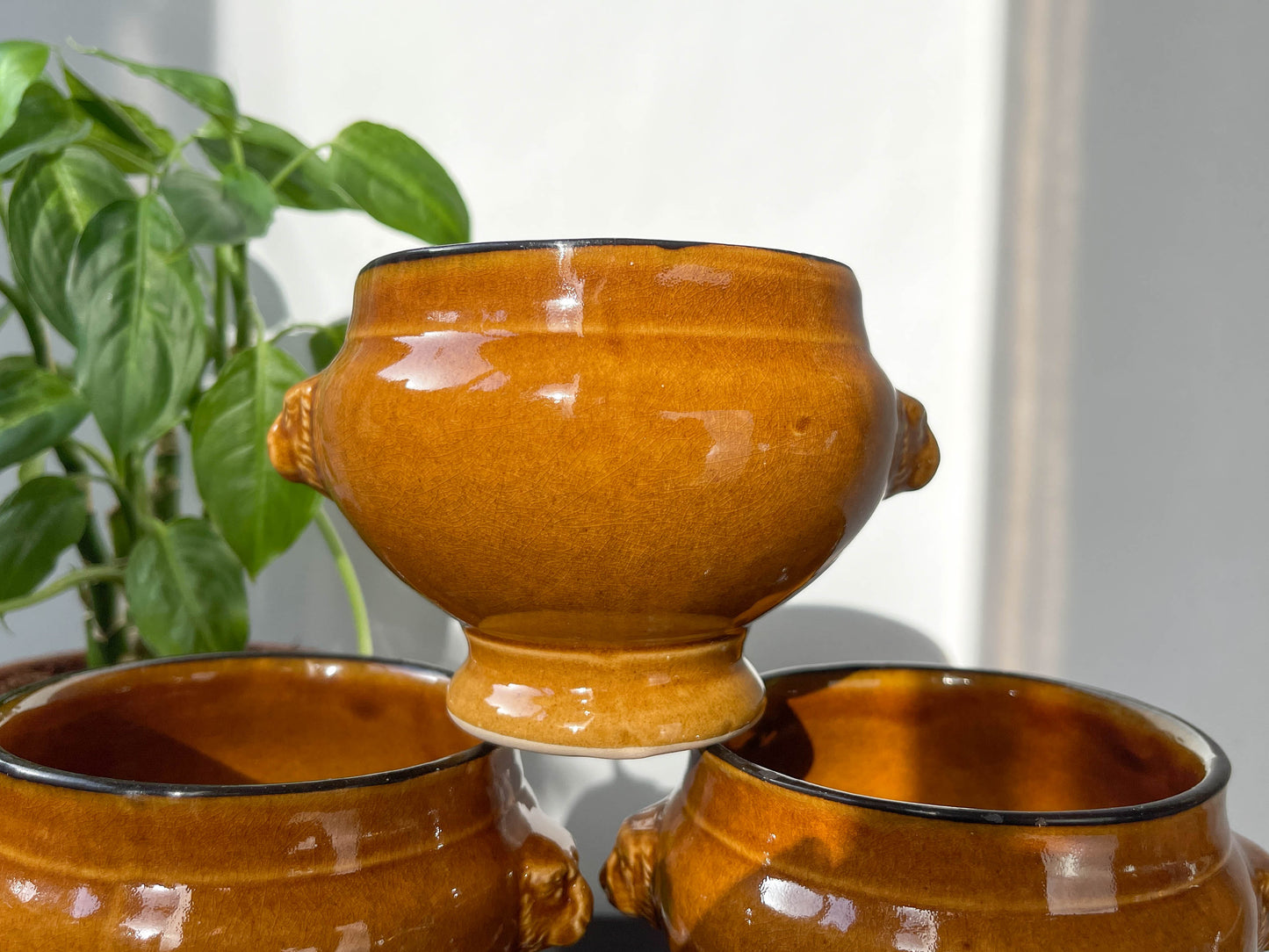 6 Ochre Glazed Stoneware Onion Soup Bowls