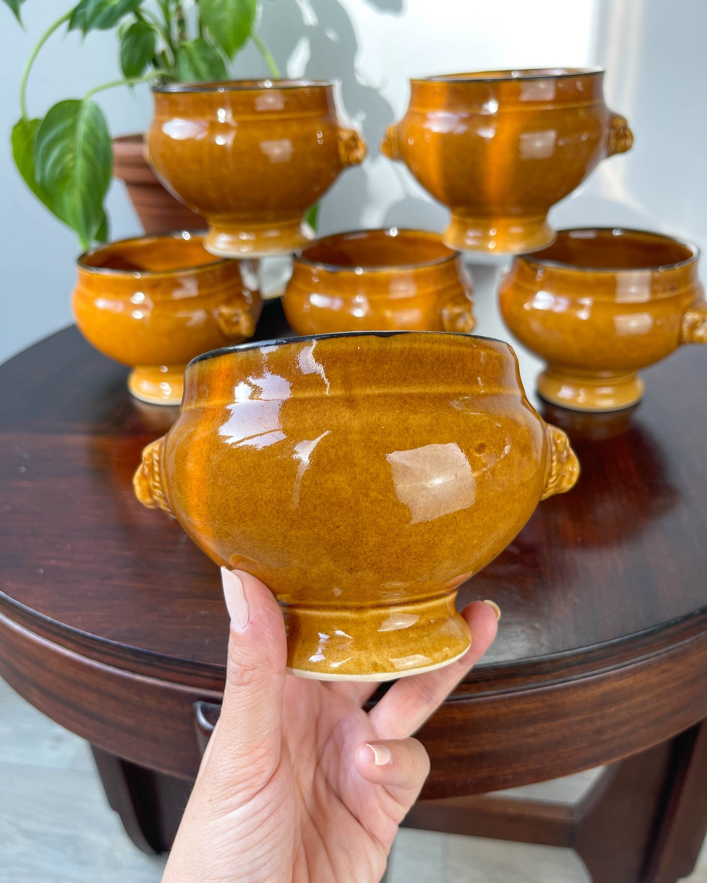 6 Ochre Glazed Stoneware Onion Soup Bowls