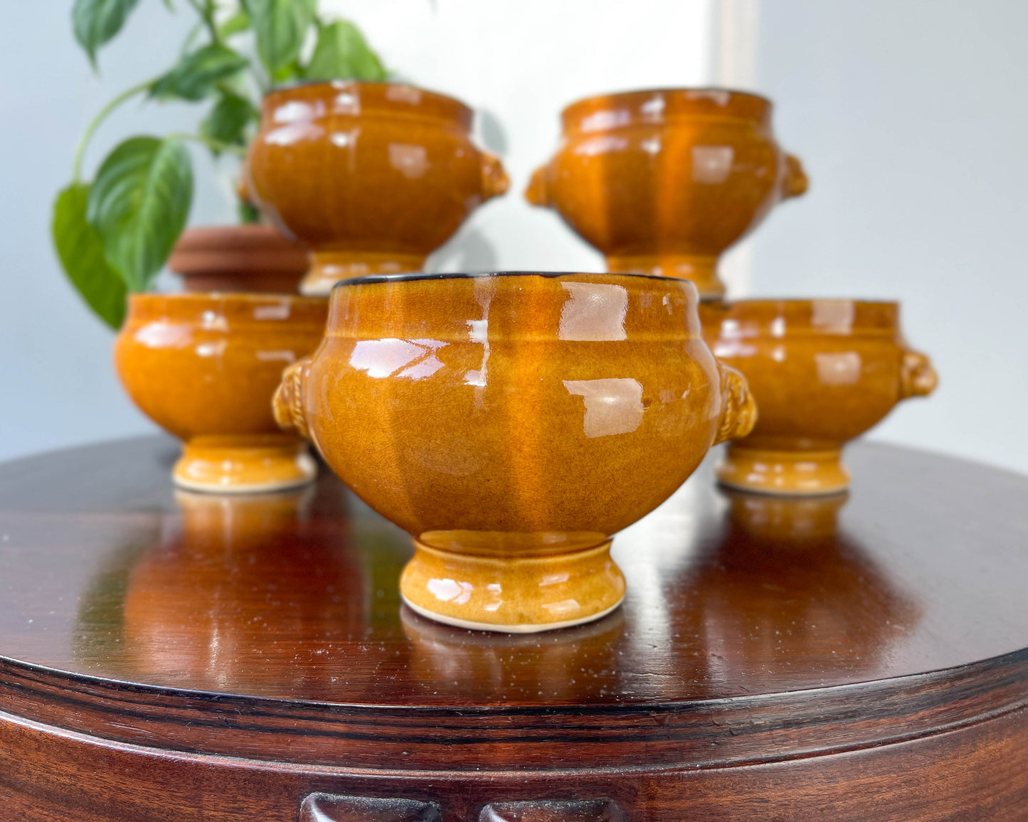 6 Ochre Glazed Stoneware Onion Soup Bowls